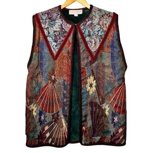 Vintage 80s Reggie Morton Tapestry Suede Vest Colonial Colorful Cottage Designer